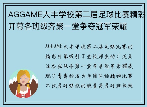 AGGAME大丰学校第二届足球比赛精彩开幕各班级齐聚一堂争夺冠军荣耀