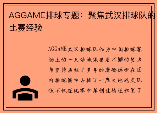 AGGAME排球专题：聚焦武汉排球队的比赛经验