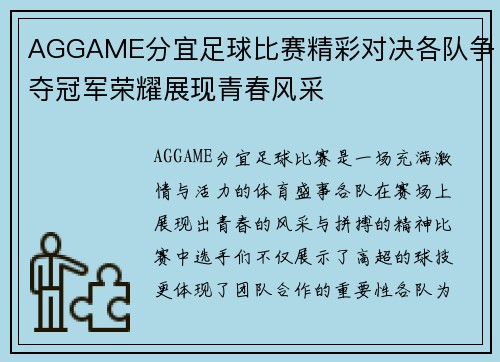 AGGAME分宜足球比赛精彩对决各队争夺冠军荣耀展现青春风采