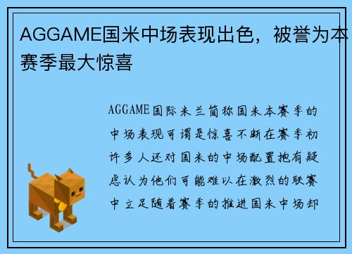 AGGAME国米中场表现出色，被誉为本赛季最大惊喜