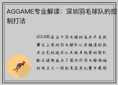 AGGAME专业解读：深圳羽毛球队的控制打法