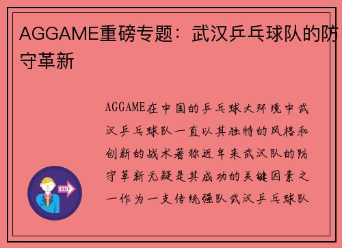 AGGAME重磅专题：武汉乒乓球队的防守革新