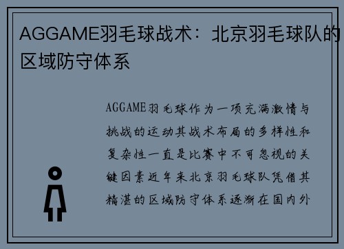 AGGAME羽毛球战术：北京羽毛球队的区域防守体系